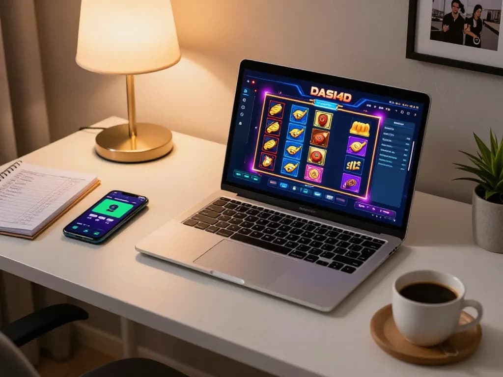 Pemain berinteraksi dengan permainan slot DASI4D di laptop di rumah, meningkatkan pengalaman perjudian online.