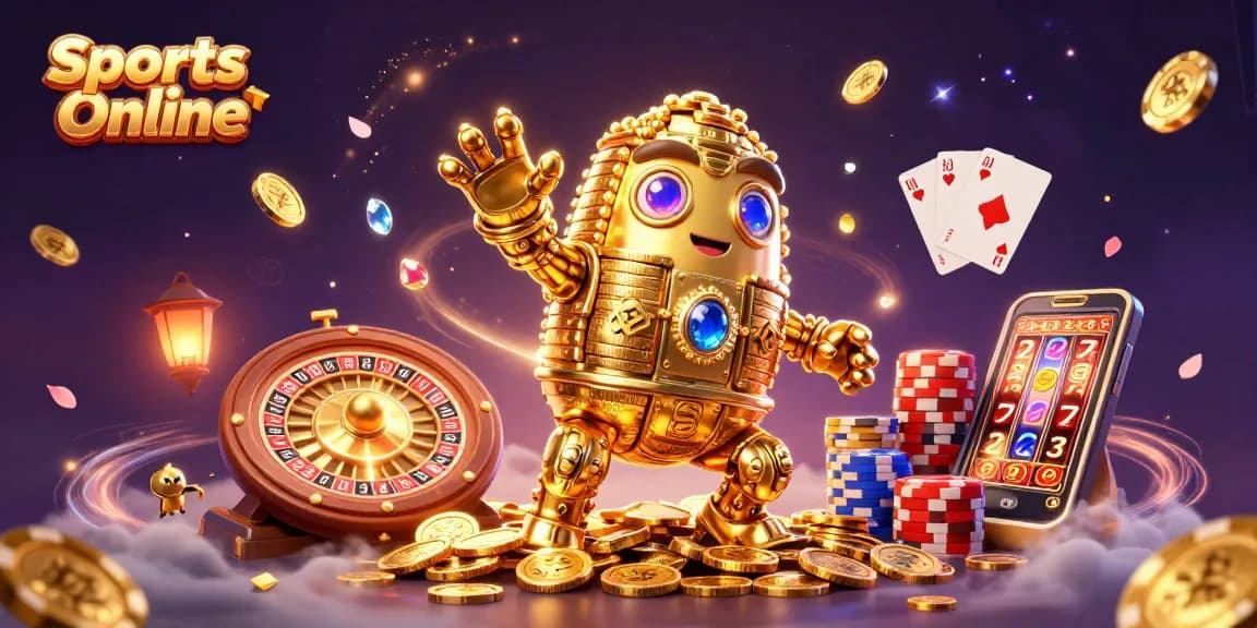 Engage in Sports Online with this vibrant and dynamic 3D illustration featuring a golden golem and gaming elements.