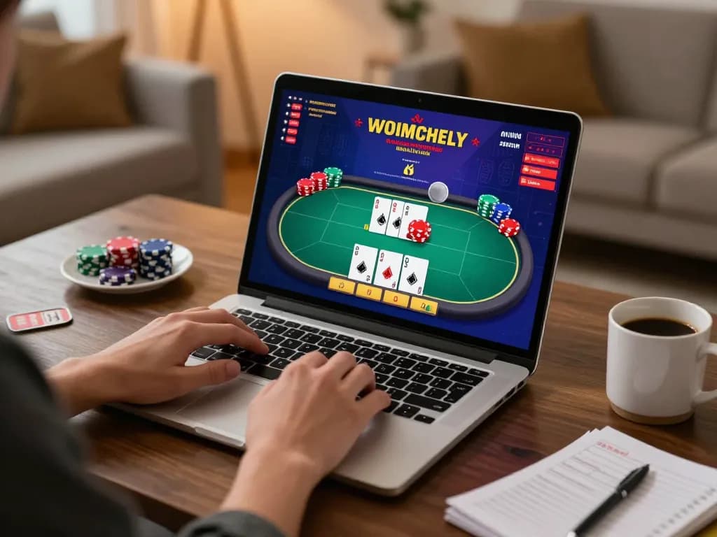 Ga28 player engaging with poker game interface on laptop in a cozy home setting