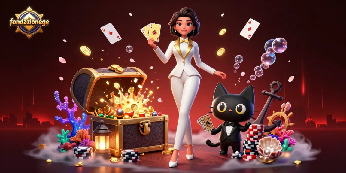 Play exciting games at fondazionege, featuring glamorous characters surrounded by vibrant casino elements.