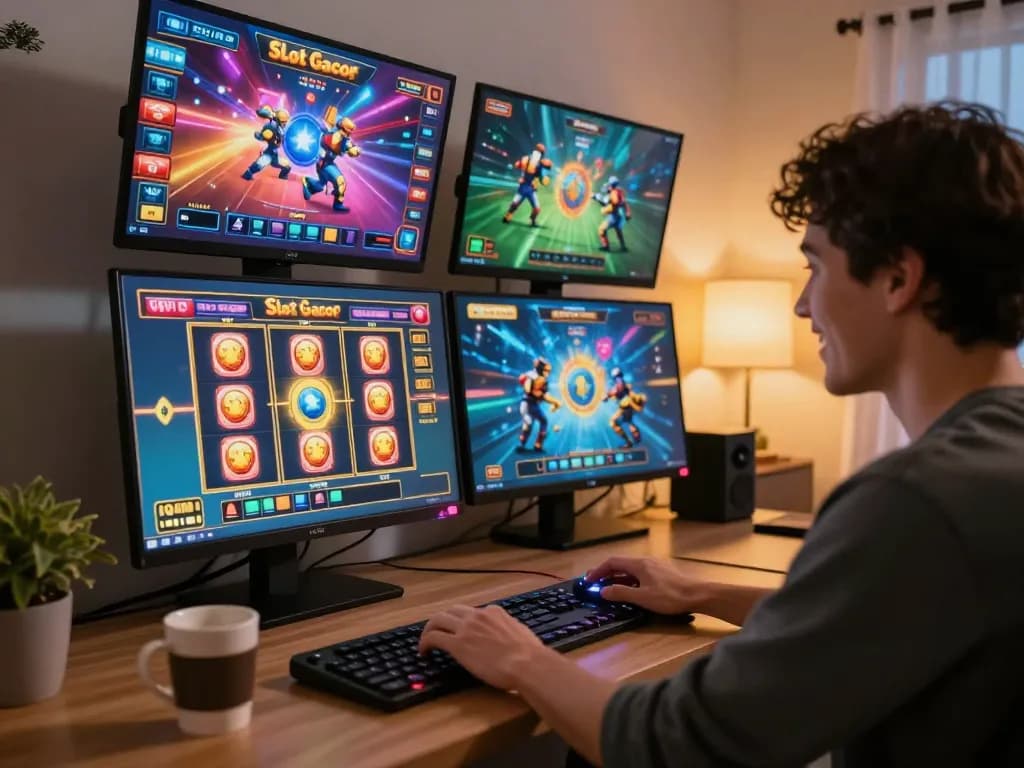 Player engaging with Slot Gacor games in a stylish home office, showcasing responsible online gambling.