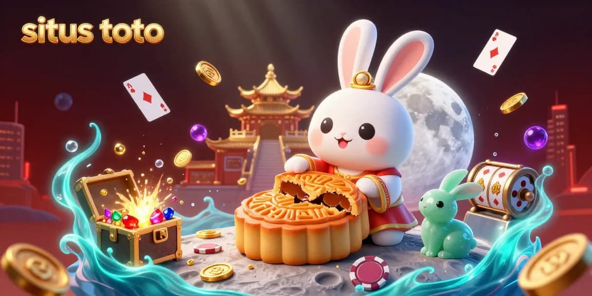 Menghadirkan situs toto, ilustrasi kasino dengan kelinci bulan 3D yang mengolah kue bulan dan chip poker yang memukau.