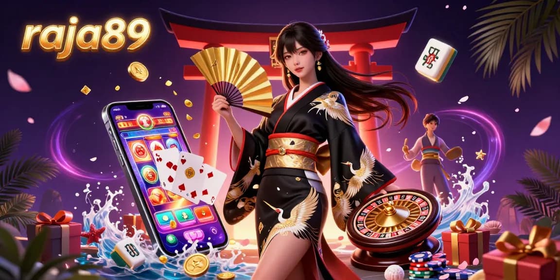 Engage with raja89's vibrant gaming experience featuring dynamic casino elements and a stunning backdrop.