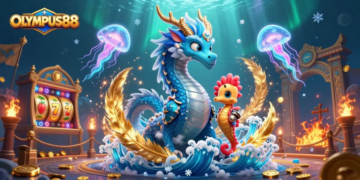OLYMPUS88 adalah ilustrasi 3D menampilkan naga air, ksatria kuda laut, dan simbola perjudian yang menarik.