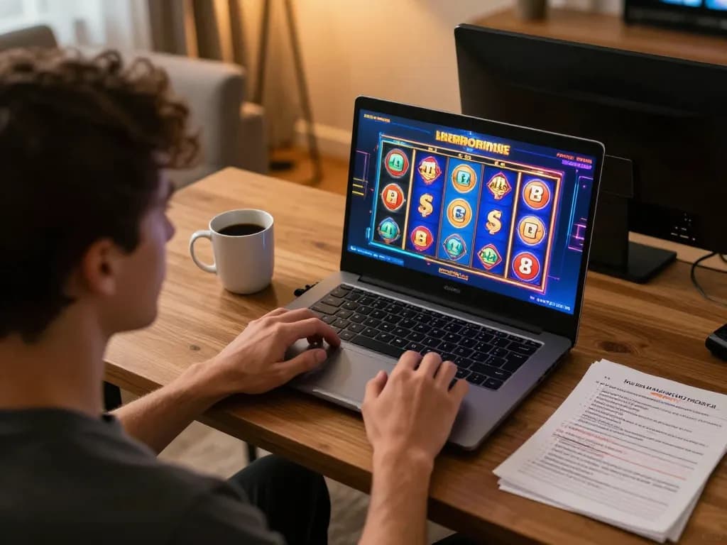 Agen Slot88 player engaging with a laptop for online slot gaming, showcasing strategic notes and warm gaming atmosphere