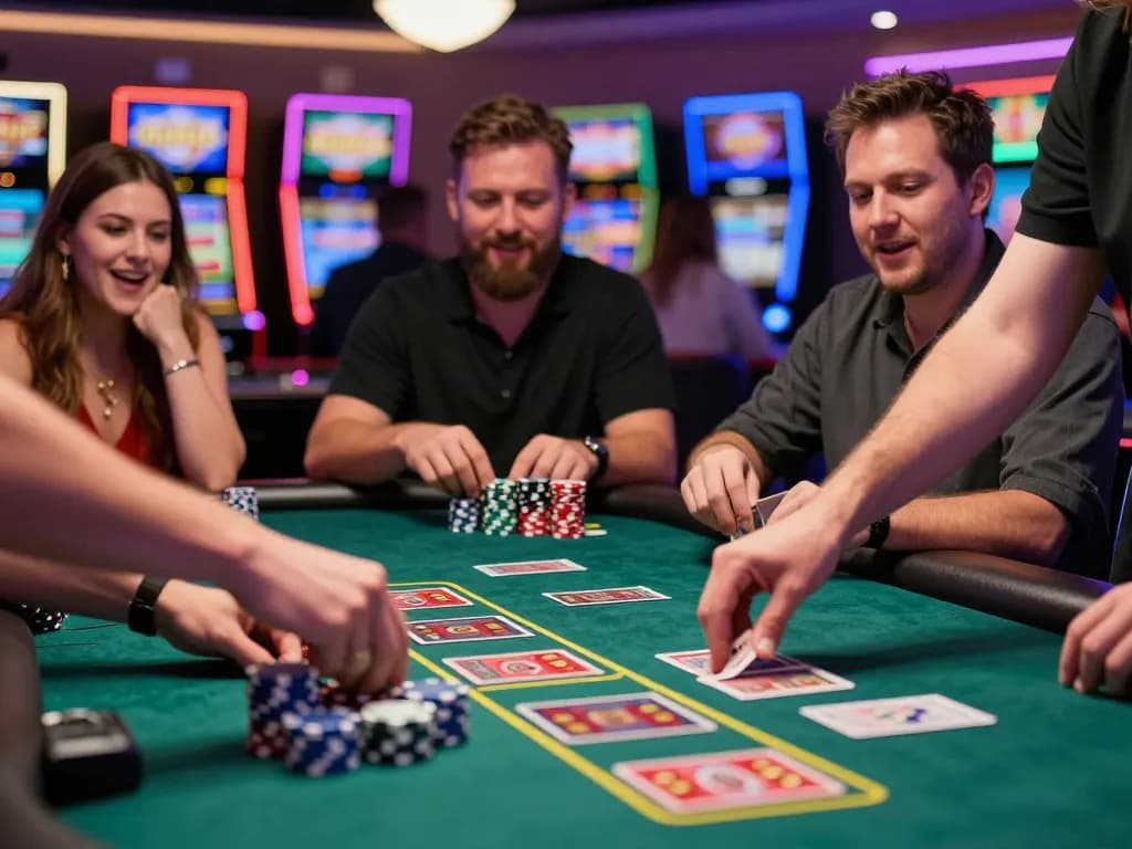 Pemain yang terlibat dalam permainan blackjack yang menarik di meja kasino, dengan chip bertema m88 terlihat.