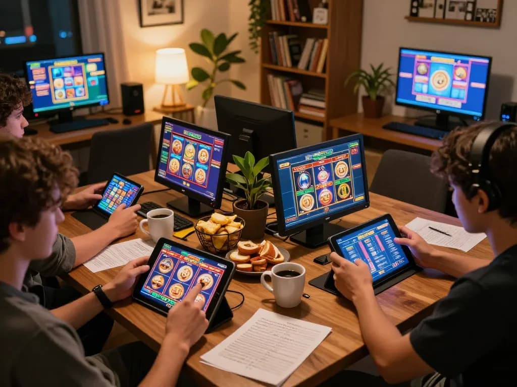 Engaged players enjoying slot thailand games on tablets in a warm home setting.