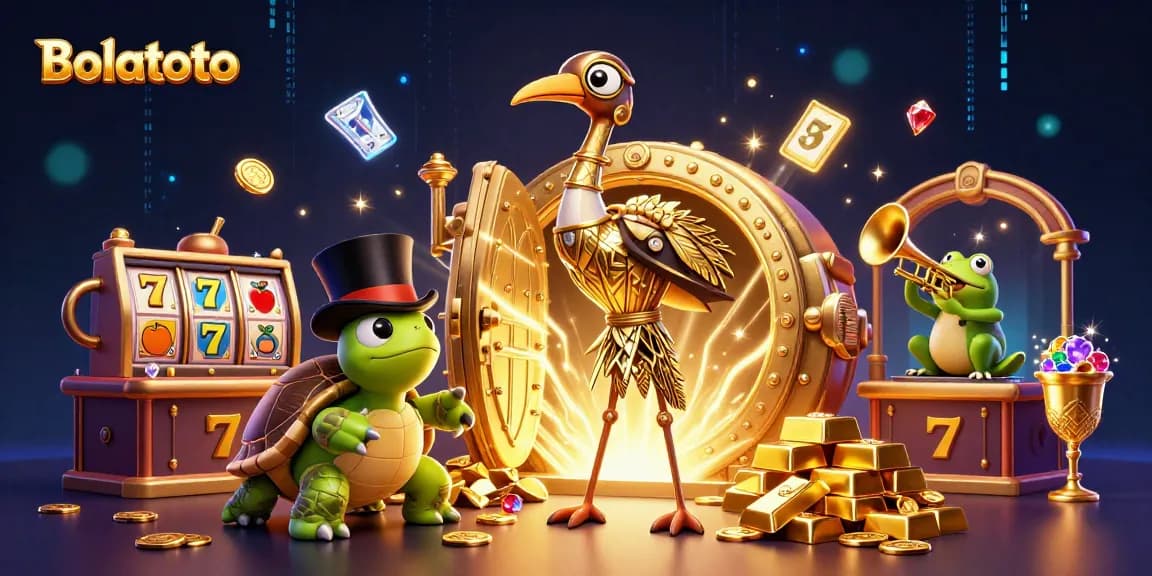 Experience thrilling gambling adventures with Bolatoto in a vibrant, illustrated casino scene.