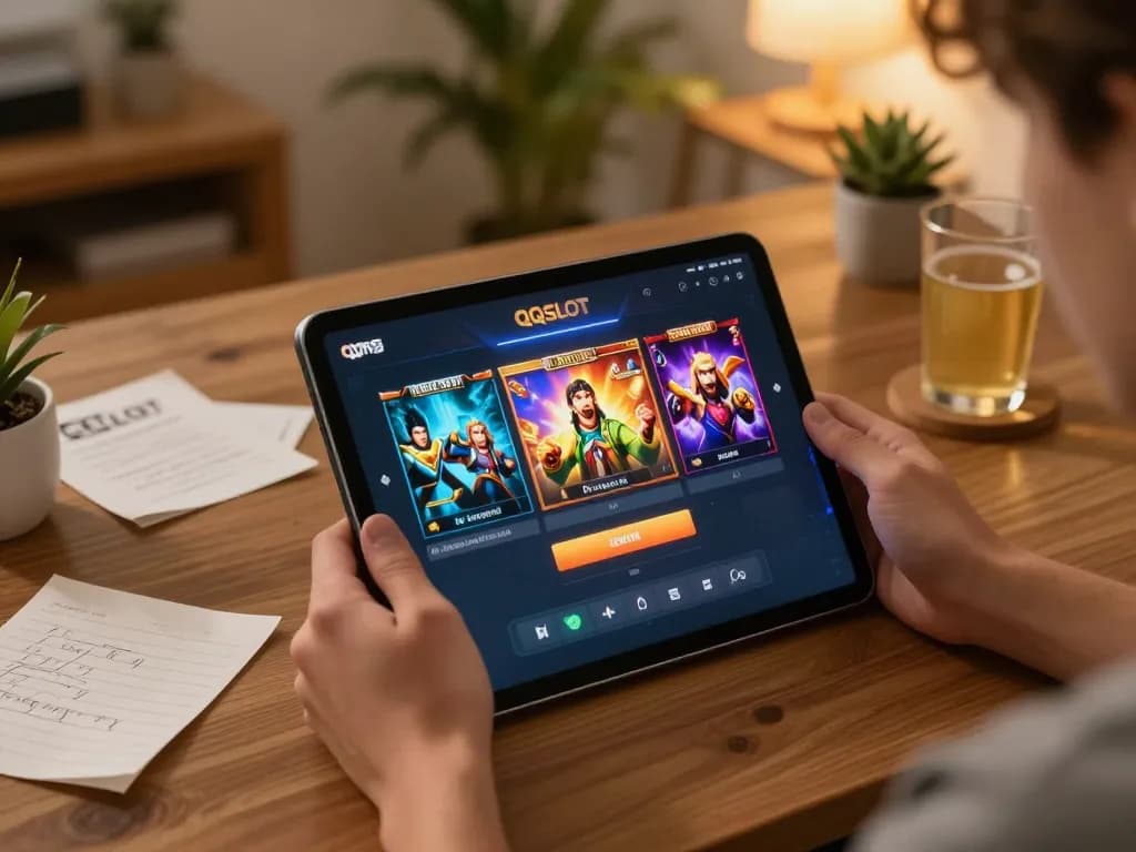 Player using QQSLOT login to access online slots on tablet, creating a cozy gaming atmosphere.