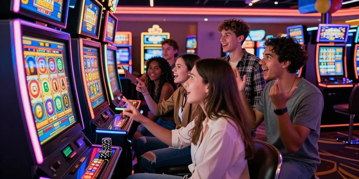 Exciting casino scene with friends enjoying slot gacor games, vibrant atmosphere with colorful lights and chips.