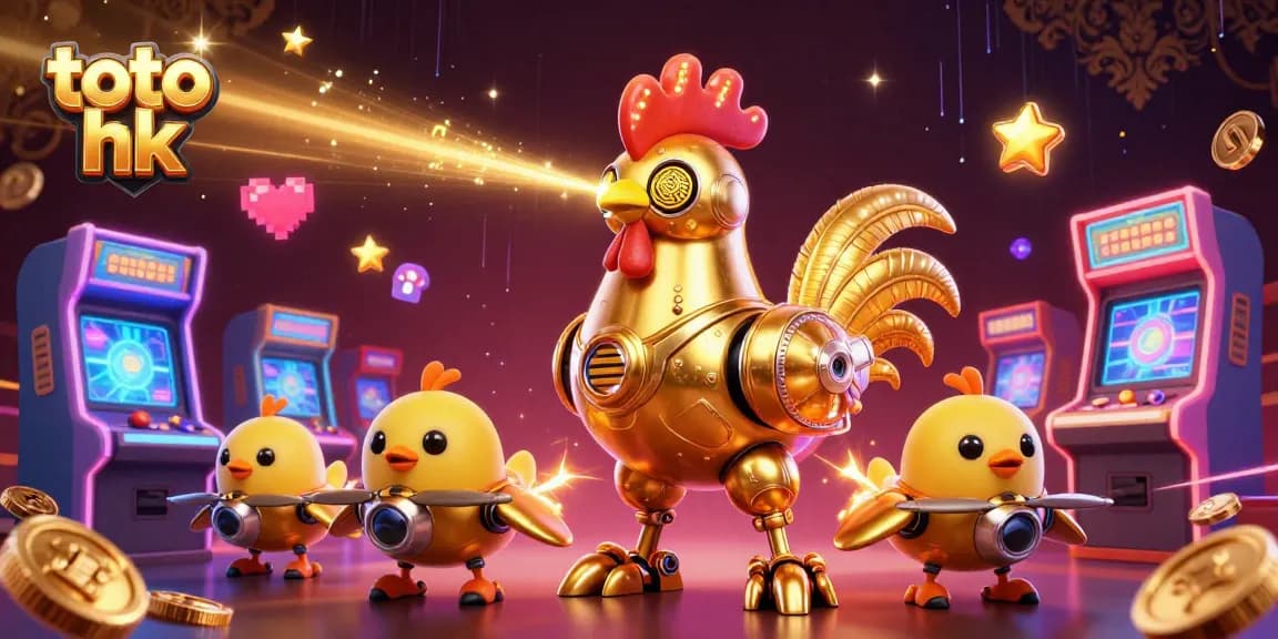 Raih kemenangan di toto hk dengan robot ayam emas futuristik dan mesin permainan berwarna-warni.