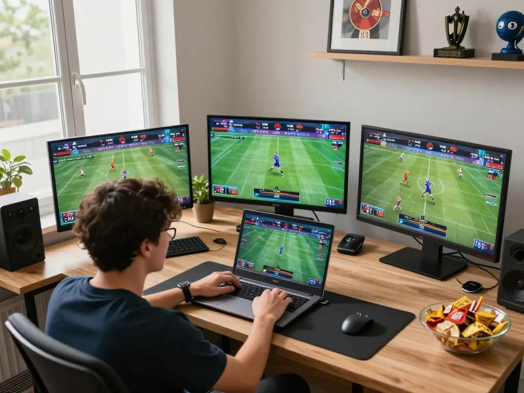 Sunwin user engaging in online sports betting with multiple screens showcasing live games