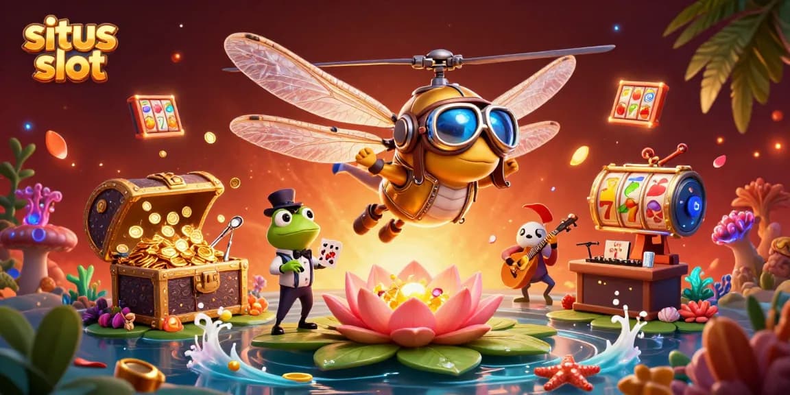 Experience the excitement of situs slot with vibrant characters and dynamic casino elements in a 3D scene.