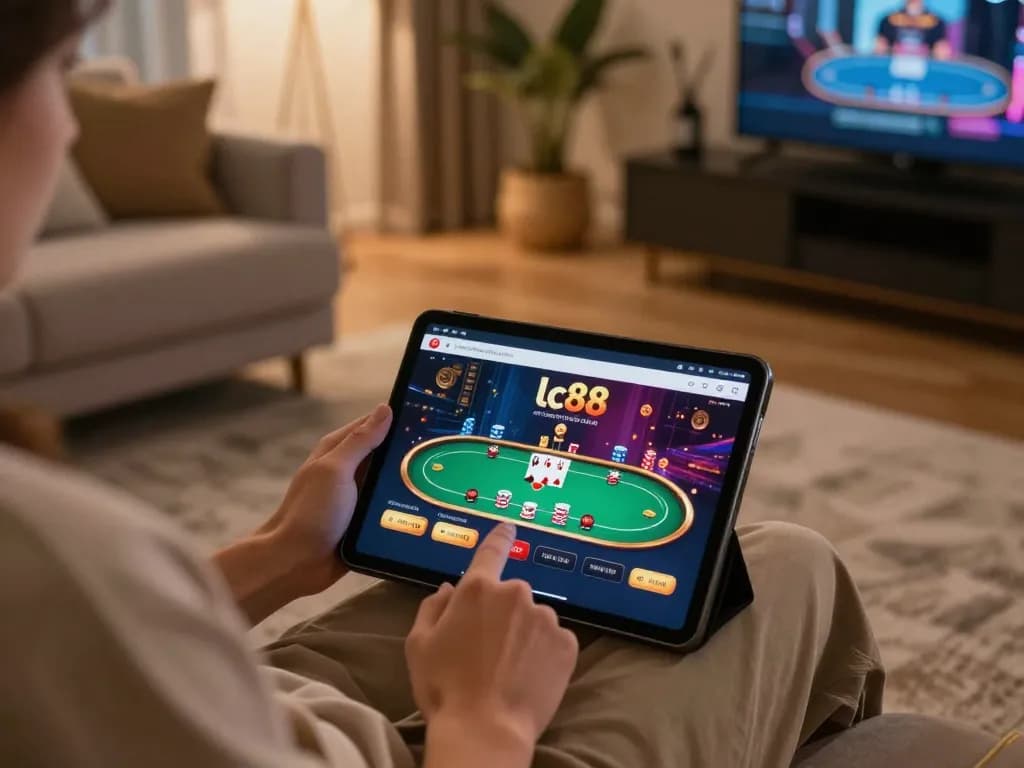 Person engaging in lc88 online casino gaming on a tablet, poker game on screen