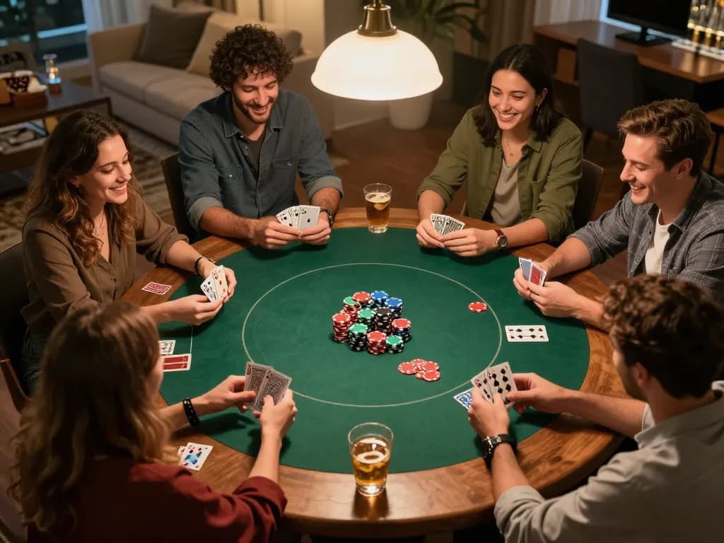 Friends engaged in a thrilling poker game at home while discussing strategies for samsonbet86.