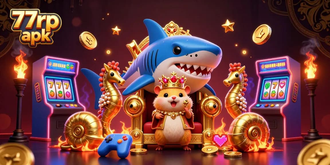 Engage with the vibrant 77rp apk game scene featuring a golden hamster king on a megalodon throne.
