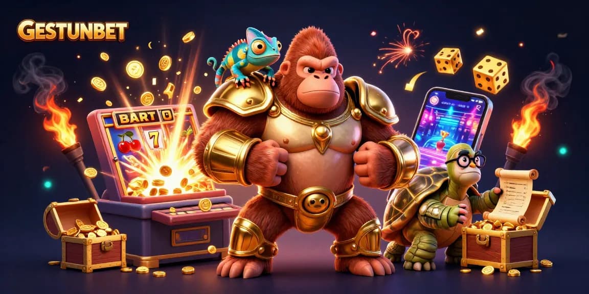 Experience thrilling wins at GESTUNBET with an exciting 3D illustration of gambling adventures and big jackpots.