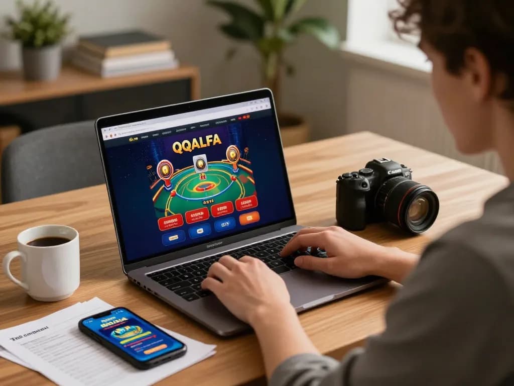A player engages with QQALFA on a laptop, showcasing a dynamic home gaming setup that emphasizes strategic online gambling.