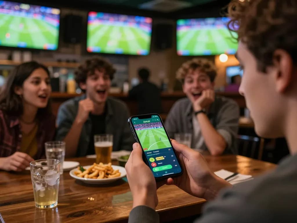 BONGDALU mobile sports betting app in use during a live football match watch party.