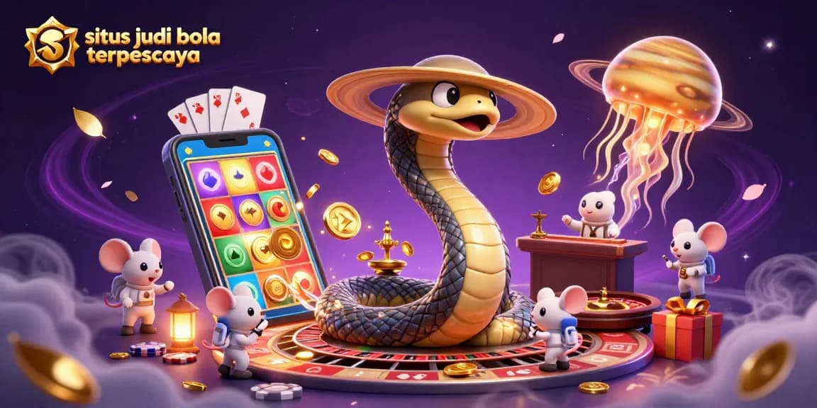 Engage with situs judi bola terpercaya as astronaut mice bet on a cosmic roulette wheel amidst vibrant gambling elements.
