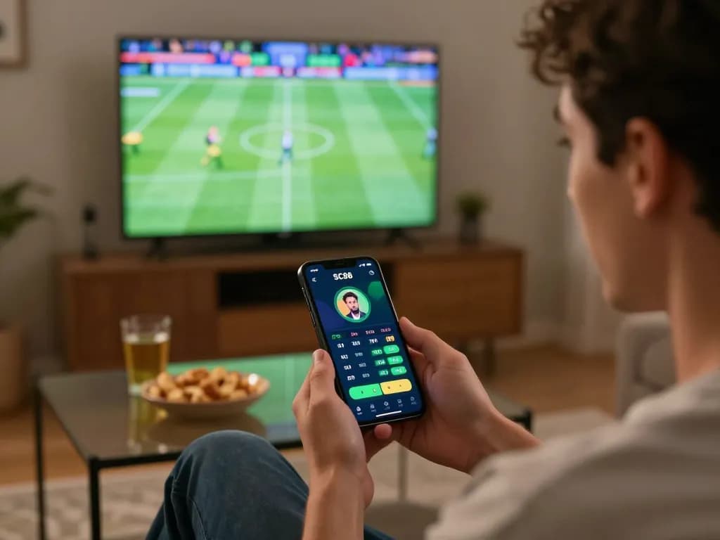 Player engages with SC88 app for live sports betting at home, betting interface visible on smartphone and TV.