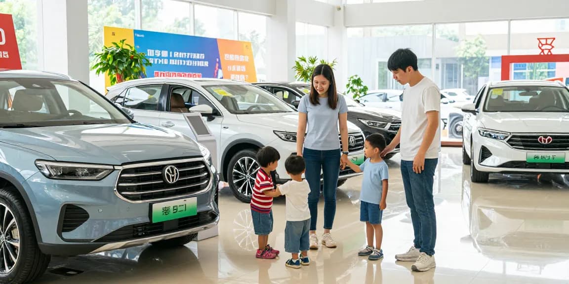Menampilkan keluarga yang menjelajahi Prestige Motors, dengan SUV bekas yang memikat dan anak-anak bermain di sekitar sedan, menciptakan pengalaman membeli mobil yang menyenangkan.