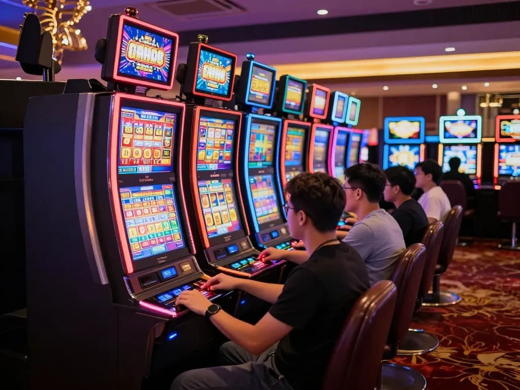 Players enjoying slot gacor games at vibrant casino machines, highlighting excitement and engagement