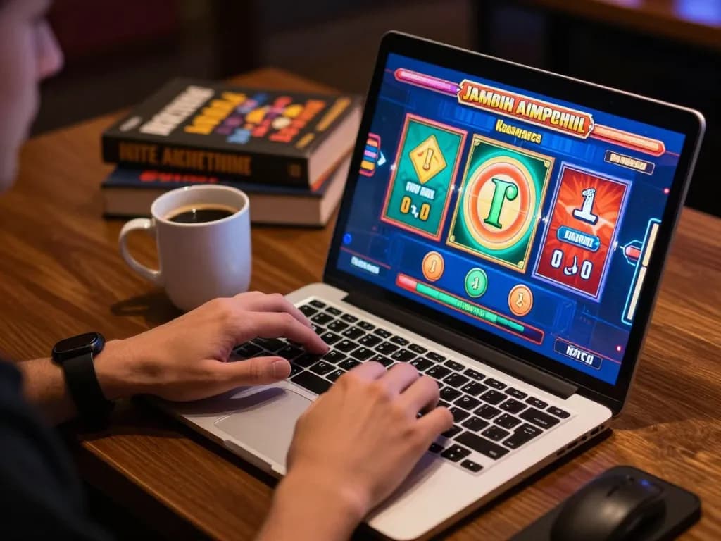 Aksi permainan slot Pandawin di laptop dengan antarmuka yang cerah di setting rumah yang nyaman