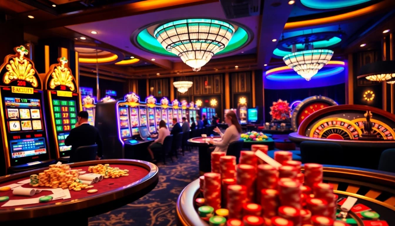 Play the idnslot at a luxurious casino, with vibrant slot machines and colorful poker chips.