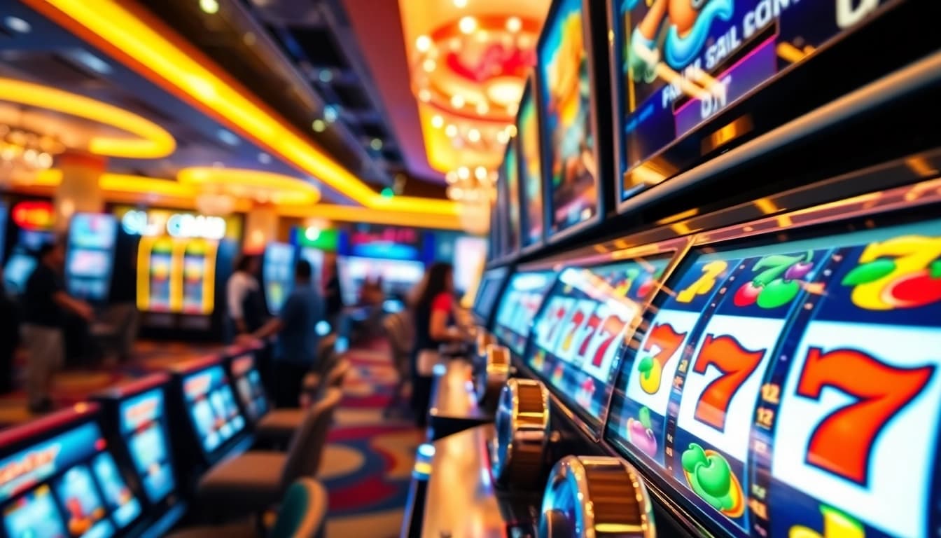 Engage with the exciting slot88 machines in a vibrant casino atmosphere, showcasing spinning reels and dynamic gameplay.