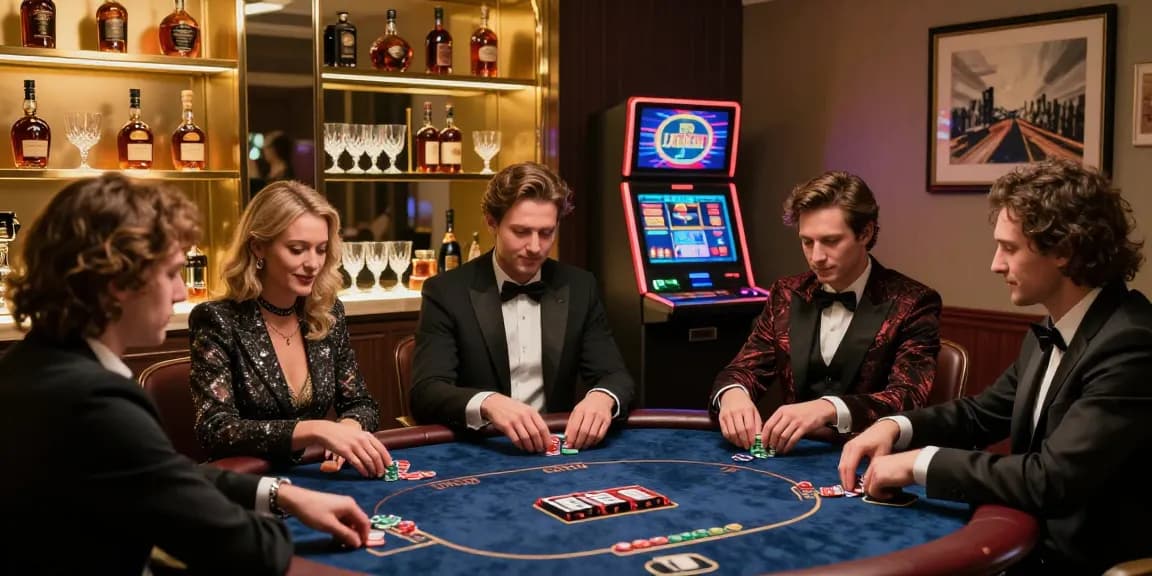 Lingkungan bermain mewah LUXURY777 Situs Resmi Terbaru dengan meja poker elegan dan pemain bergaya di ruang kasino.
