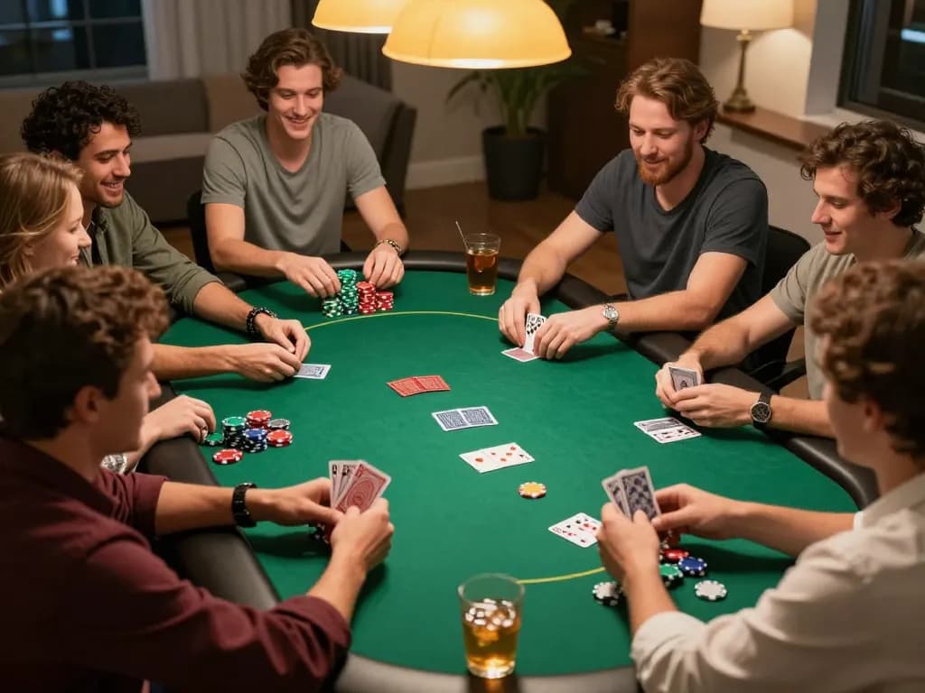 Engaging social poker game illuminated by warm lighting featuring joylink free kredit players in action around the table.