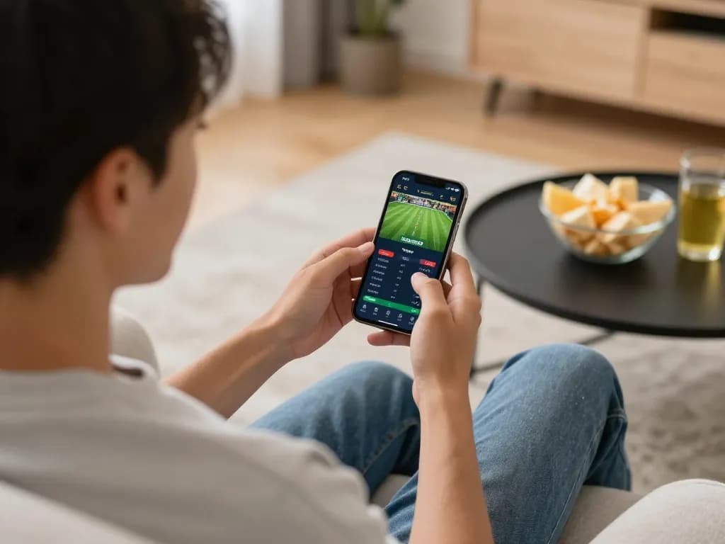 Sports betting enthusiast placing bets on the 78win app while relaxing at home