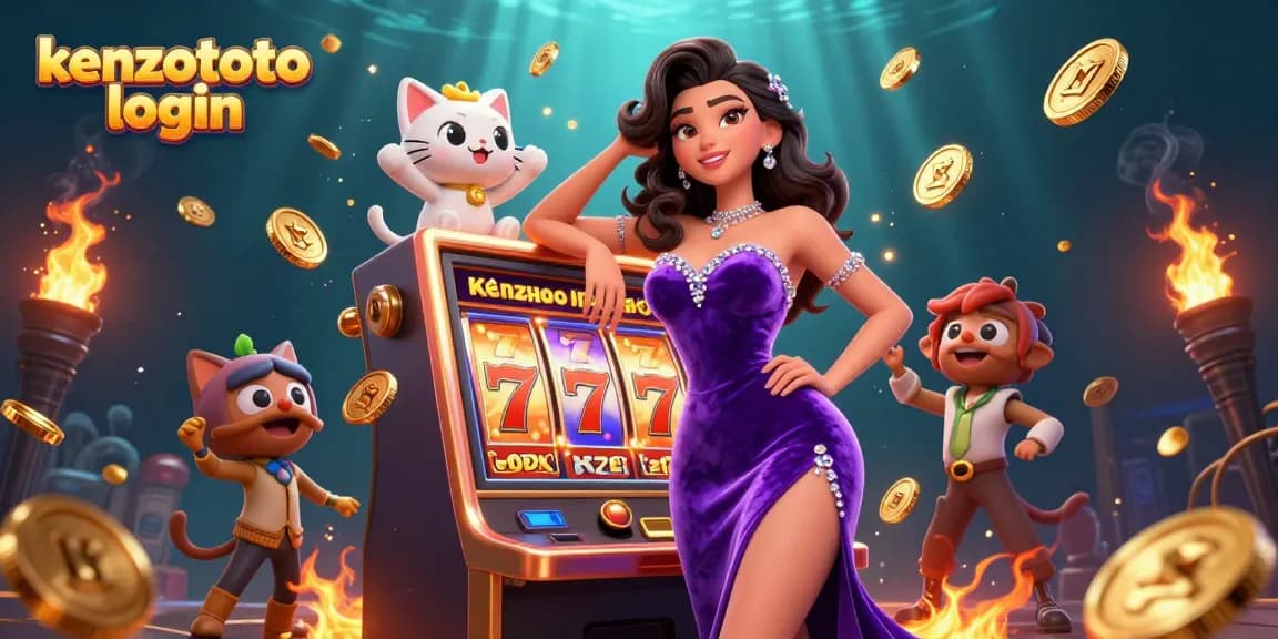 Engage with kenzototo login, featuring a glamorous woman beside a jackpot slot machine with a fortune cat mascot.