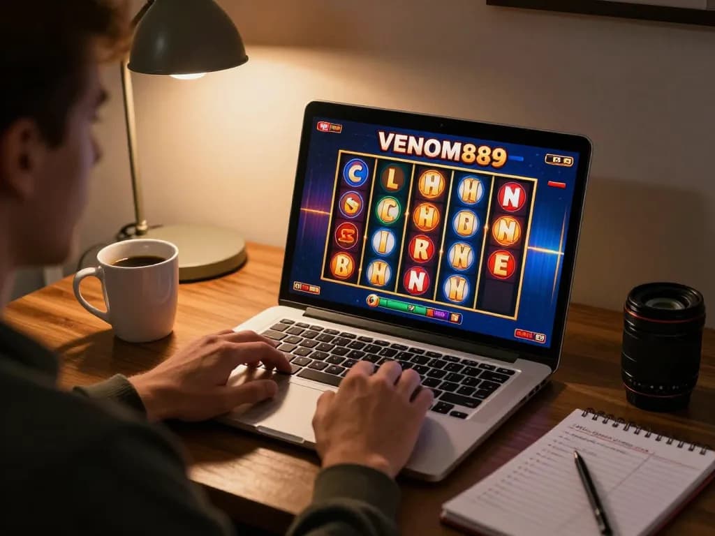 Engage in the exciting VENOM889 Slot gameplay on a laptop at home, showcasing betting strategies.
