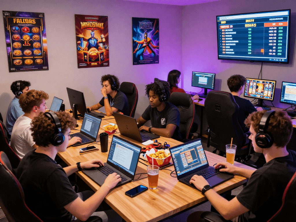 Engaged players enjoying slot online games with real-time RTP displays in a vibrant gaming environment.