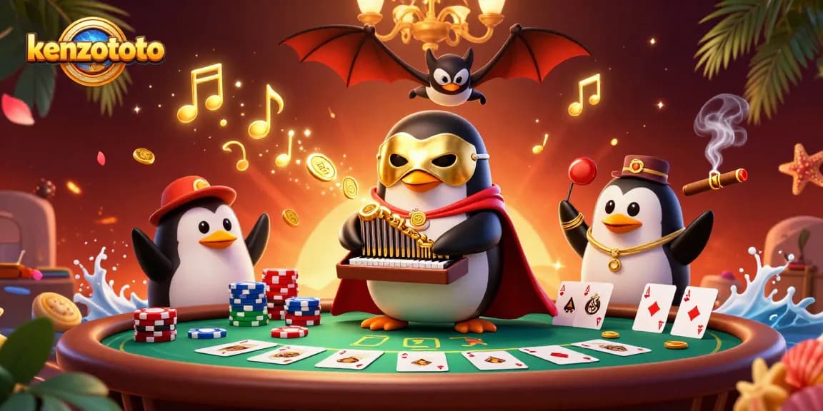 Kenzototo menawarkan pengalaman bermain game online yang menyenangkan dengan penguin bermain organ, menyebarkan koin emas di atmosfer kasino.