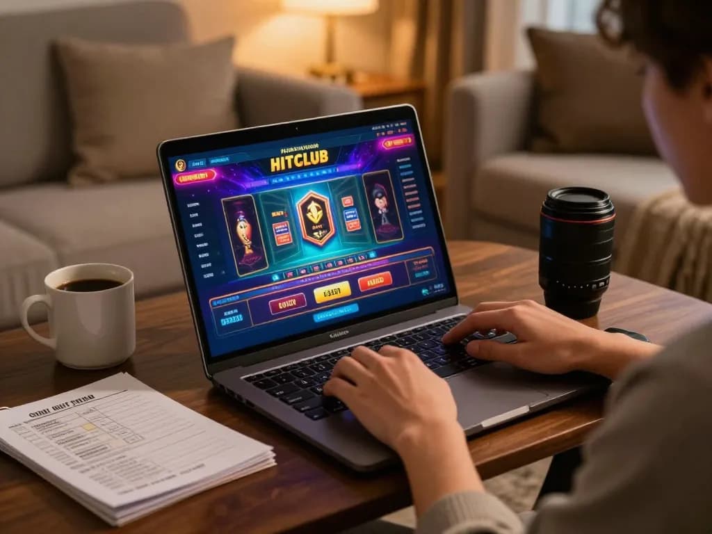 Engaging in Hitclub online gaming experience on a laptop in a cozy home setting.