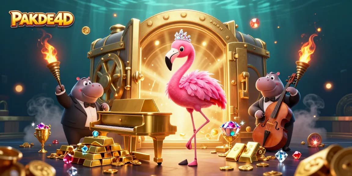 Experience the excitement of PAKDE4D with vibrant casino characters and dazzling treasures in this dynamic illustration.