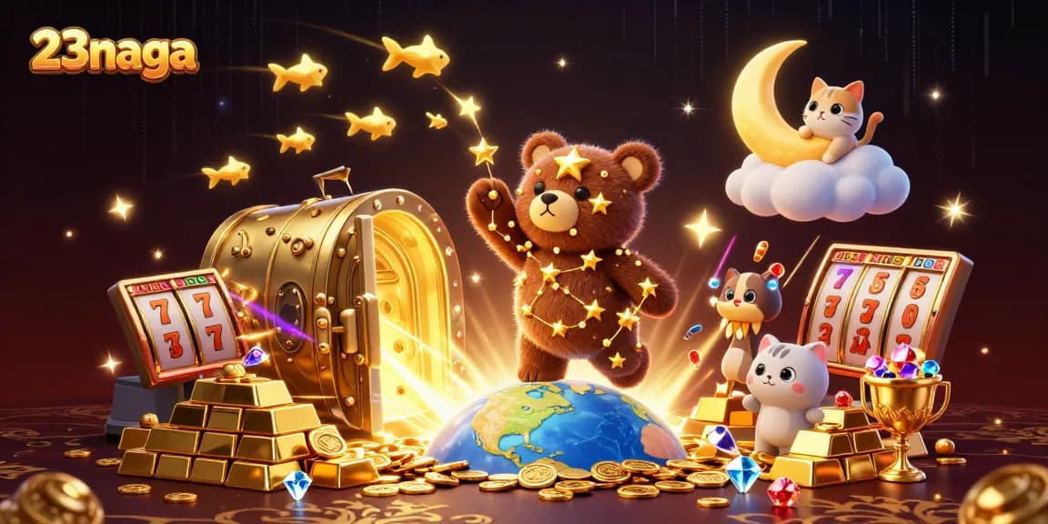 23naga menangani slot jackpot dengan bintang emas dan kucing bulan di awan.