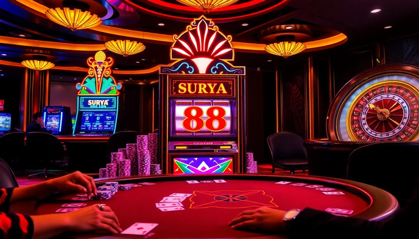 Spin the reels on SURYA 88 slot machine amidst colorful casino excitement.