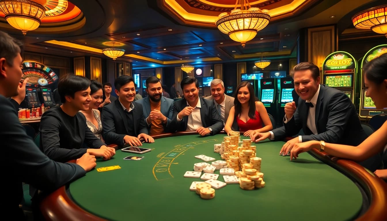 Engaged players enjoying poker online at a luxurious casino table, surrounded by chips and cards.