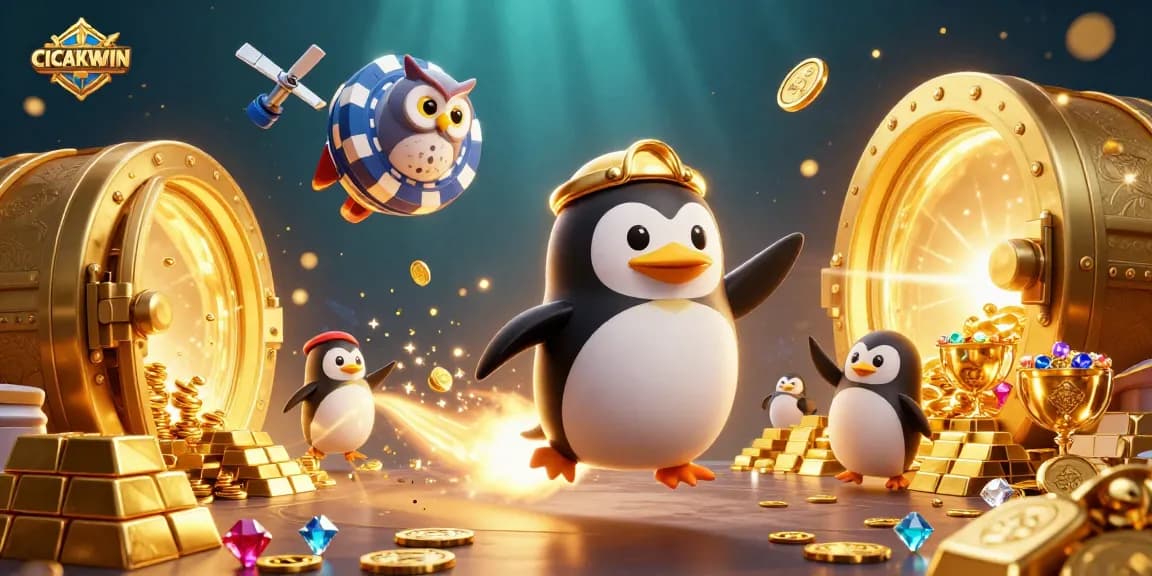 CICAKWIN ignites excitement as a golden penguin ventures into space towards a vibrant casino.