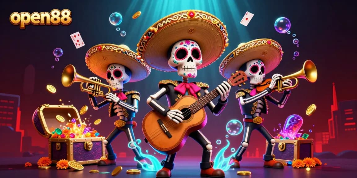 Experience exciting gameplay with open88, featuring vibrant skeleton mariachi band and dynamic casino elements.