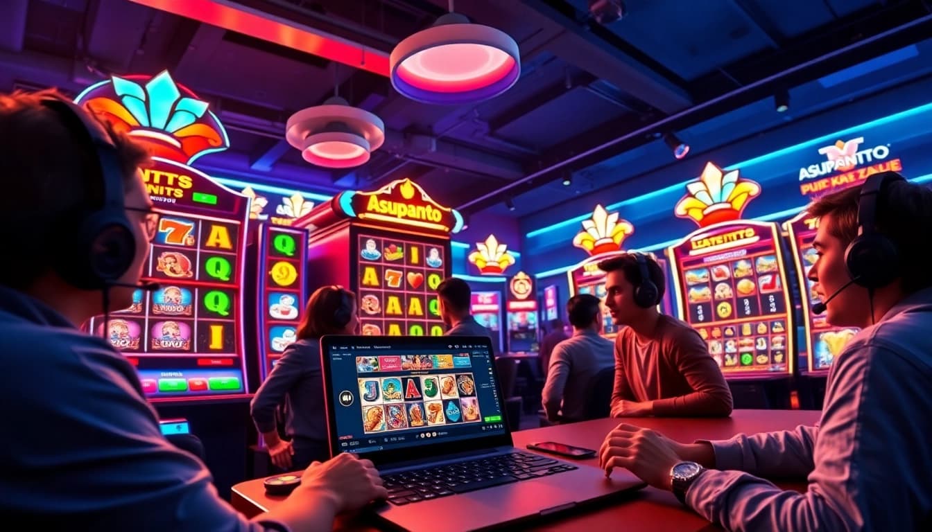Asupantoto gaming experience with vibrant slot machines and excited players.
