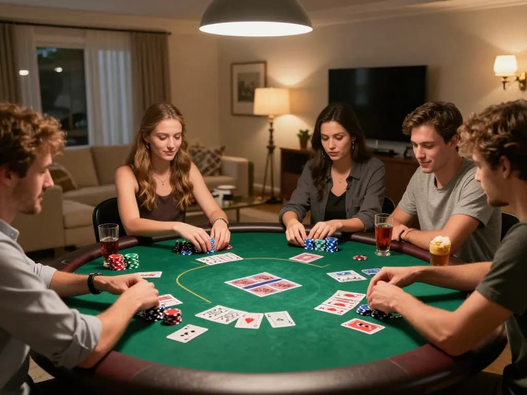 Players enjoy an exciting poker game at NEGO77, showcasing chips and cards in a relaxed home setting.