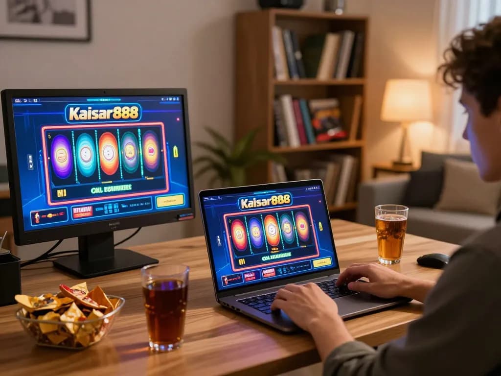 Engaging with kaisar888 online slots while enjoying a cozy home gaming setup with snacks and drinks.