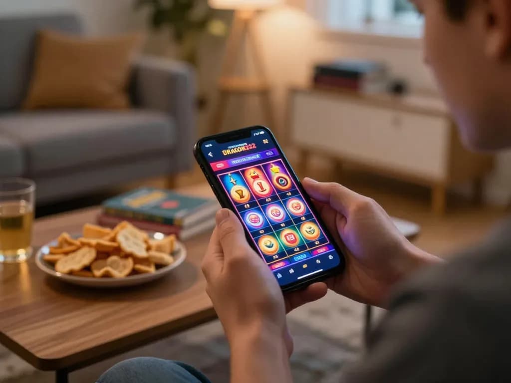 Player enjoying a session on DRAGON222's mobile slot app, showcasing colorful gameplay and a cozy atmosphere