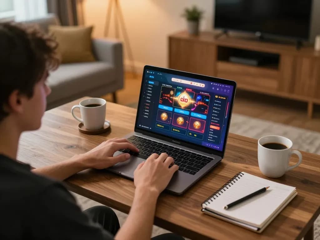 Engaging in online casino gameplay on a laptop showcasing Rikvip apps in cozy living room setup