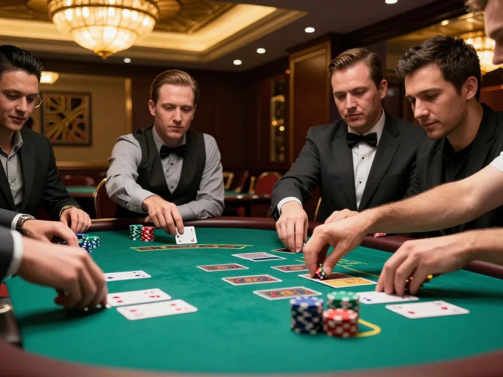 Players focusing on their blackjack strategy at tg88 casino table with colorful chips and cards